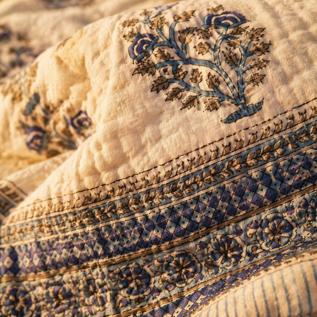 Blue Mist Reversible Jaipuri Razai, The Linen Room. Handmade in India by House of Taraasha.