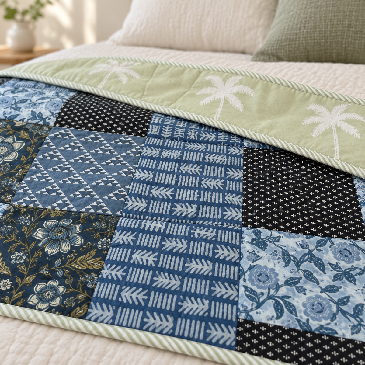 Blue Patchwork Dohar, close-up of the print, border and reverse