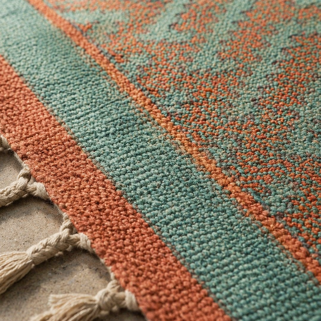Green and Navy Hand Block-Printed Cotton Chevron Rug, The Woven Floor. Handmade in India by House of Taraasha.