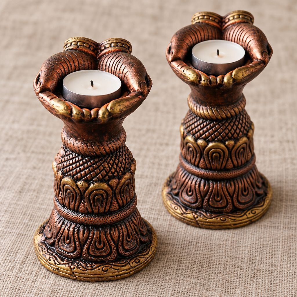 Anjali: Open Hands Terracotta Tea Light Stands, Set of 2
