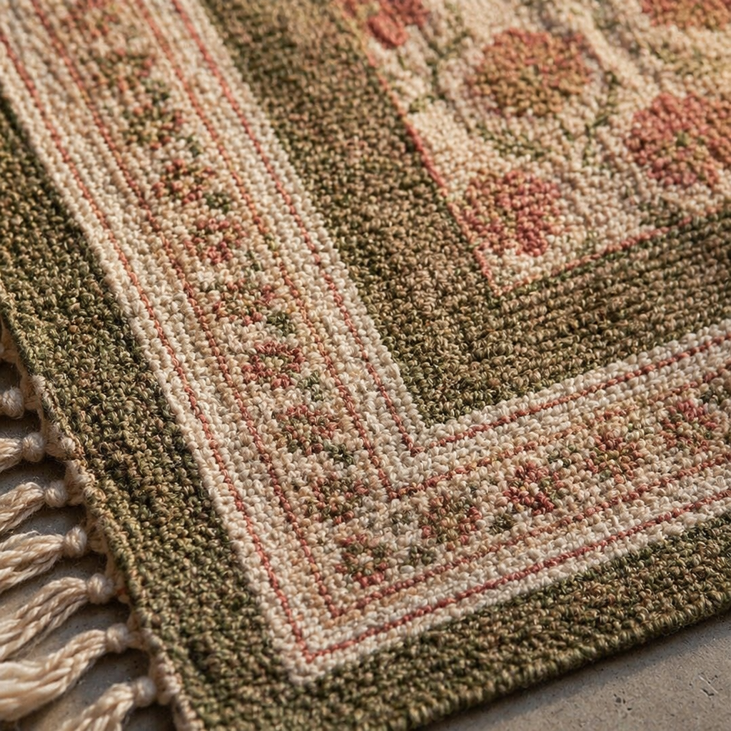 Green and Dusty Pink Royal Courtyards Floral Rug, The Woven Floor. Handmade in India by House of Taraasha.