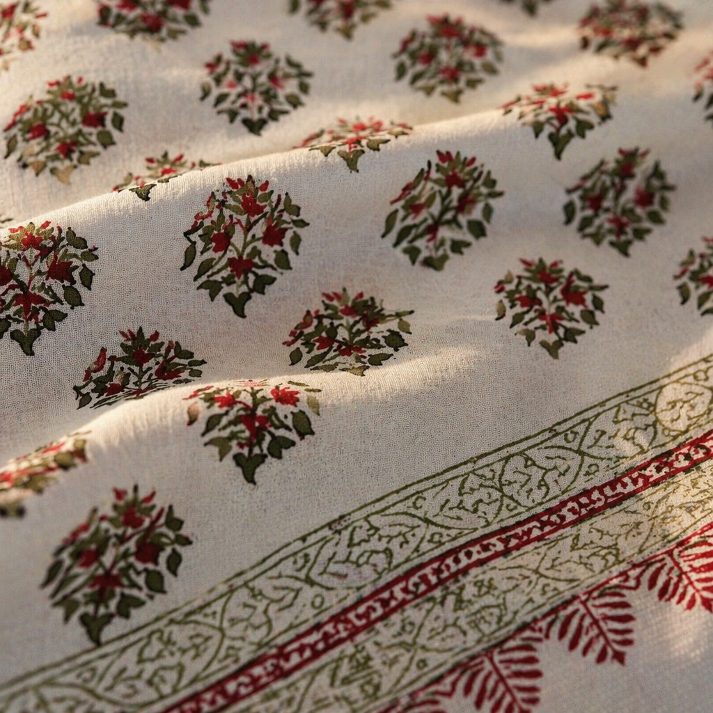 Jaipur Blooms 300 TC Block-Printed Cotton Bedsheet, The Linen Room. Handmade in India by House of Taraasha.