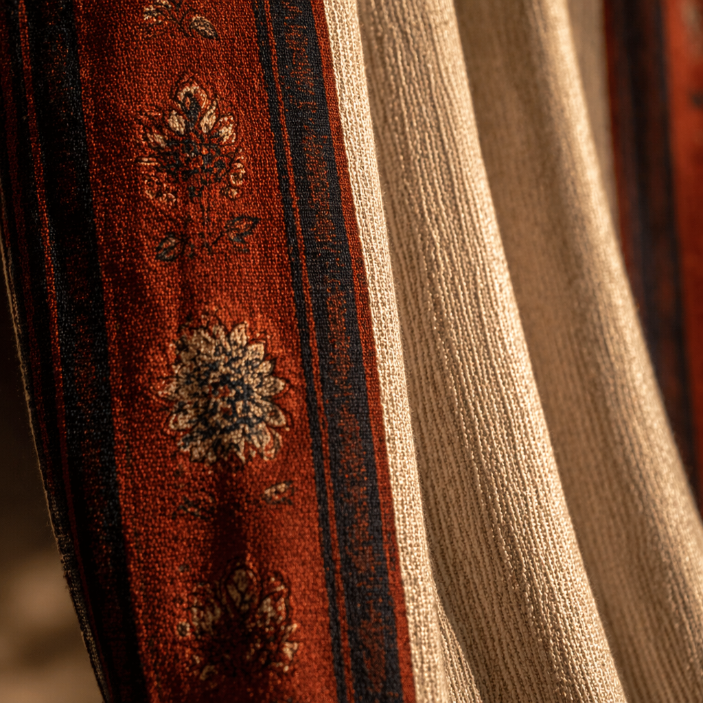 Vintage Chintz Ivory, Maroon and Navy Floral Stripe Curtain, The Draped Window. Handmade in India by House of Taraasha.