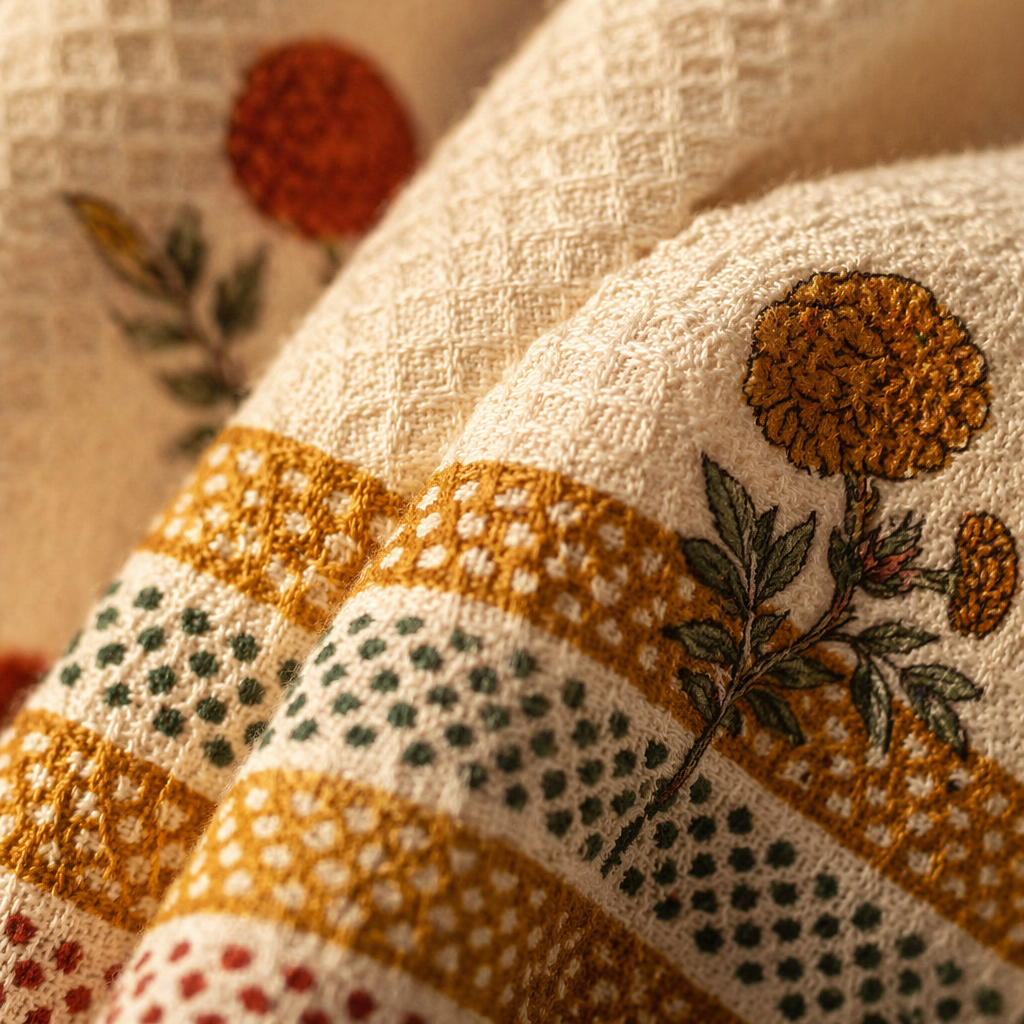 Marigold Hand Block-Printed Waffle Cotton Towel Set, The Linen Room. Handmade in India by House of Taraasha.