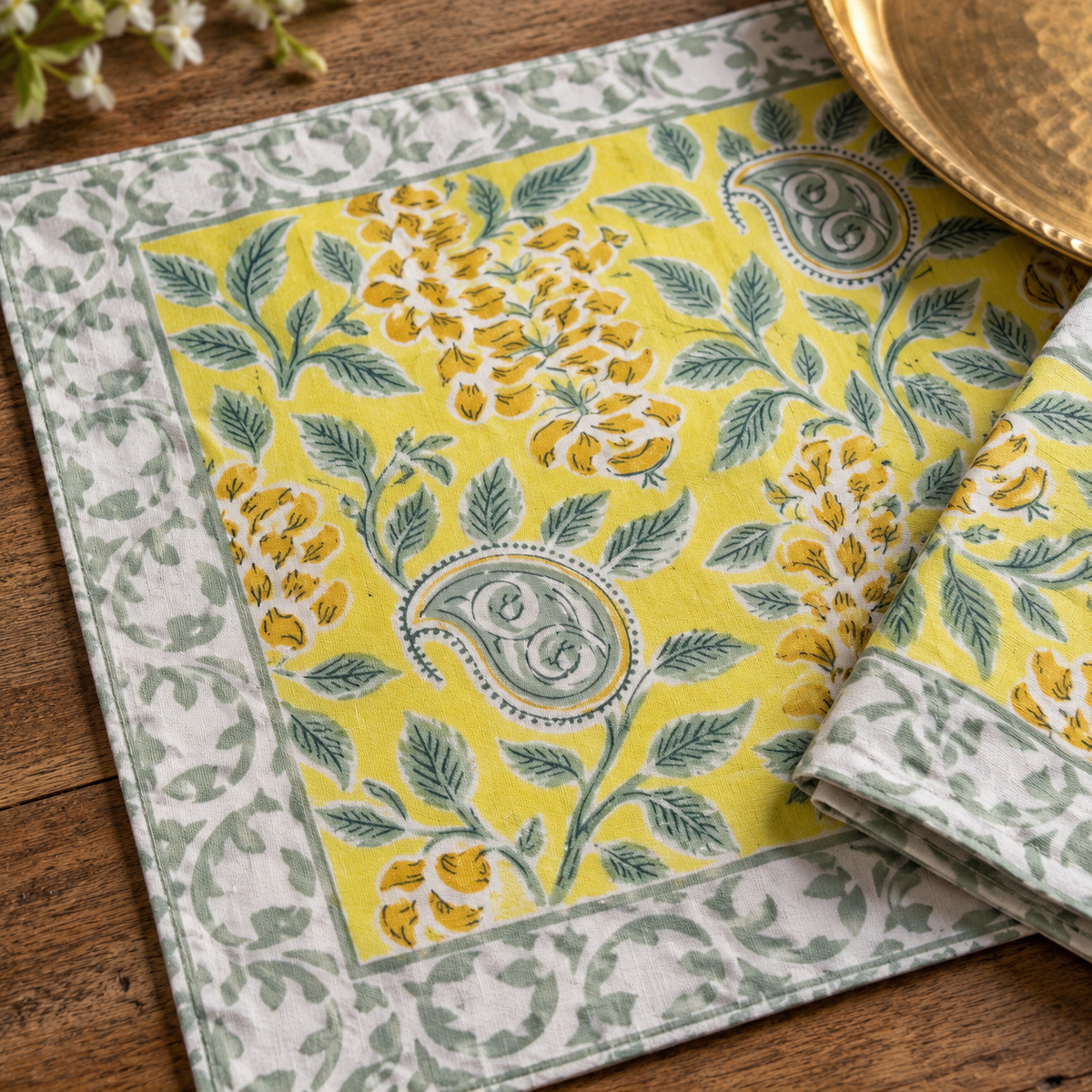 Bright Yellow Floral Placemat and Napkin Set of 12, close-up of the print and border