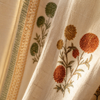 Marigold Block-Print Sheer Teal and Mustard Curtain, The Draped Window. Handmade in India by House of Taraasha.