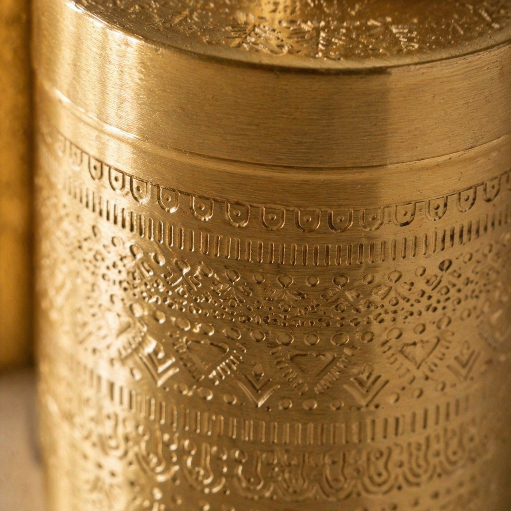 Moradabad Floral-Etched Brass Dabba Set of Three, The Brass Atelier. Handmade in India by House of Taraasha.