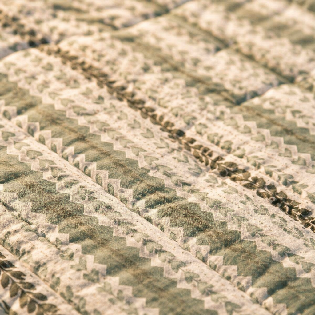 Green Leafy Stripes Reversible Mulmul Quilt, The Linen Room. Handmade in India by House of Taraasha.