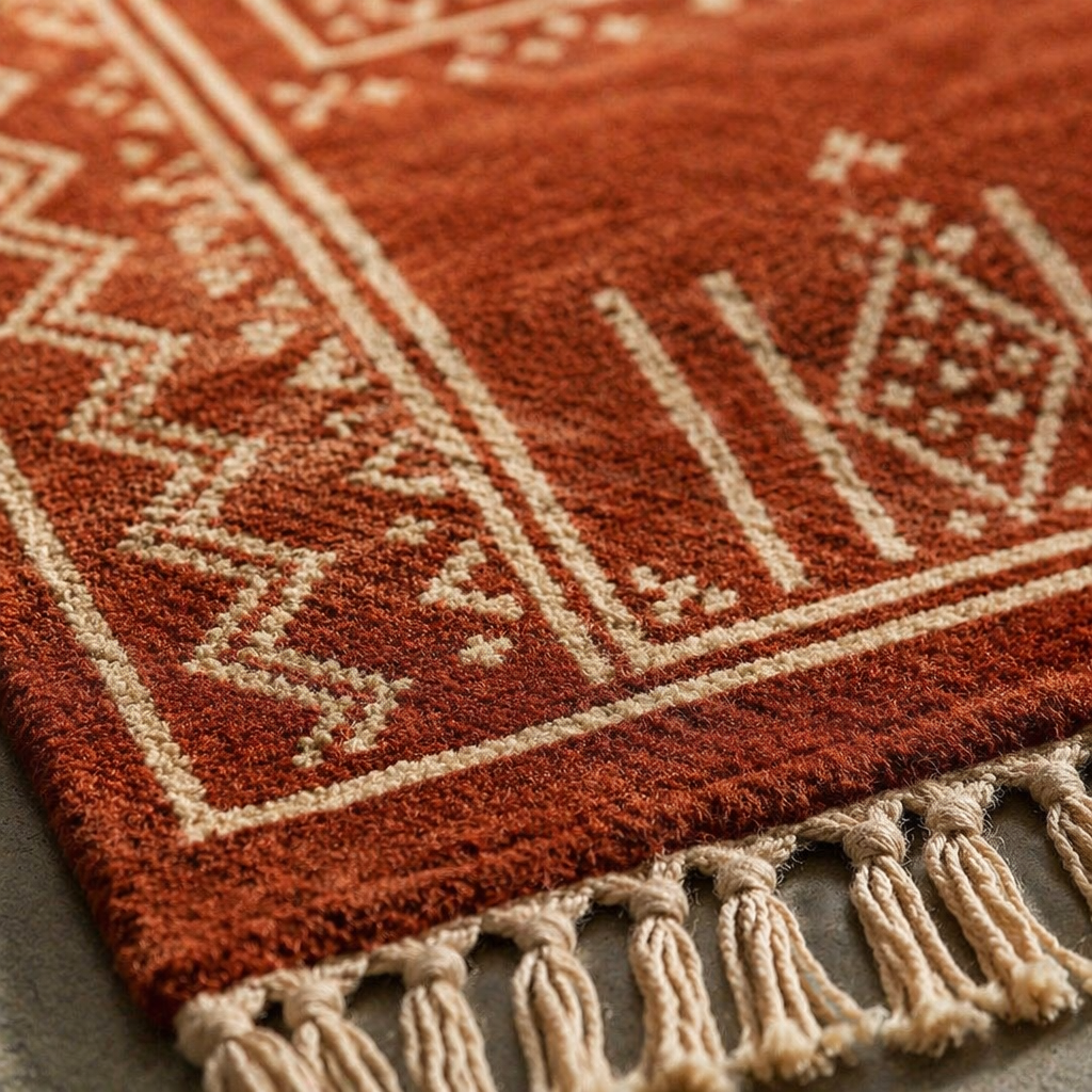 Mandana Diamond Hand-Printed Rust Cotton Rug, The Woven Floor. Handmade in India by House of Taraasha.