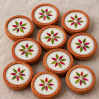 Mini Pressed-Flower Terracotta Diyas, 10 in 5 Gift Boxes, close-up of the pressed flowers