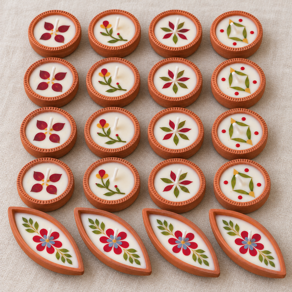 Soy Wax Dried-Flower Diyas, 4 Boat and 16 Round, close-up of the pressed flowers