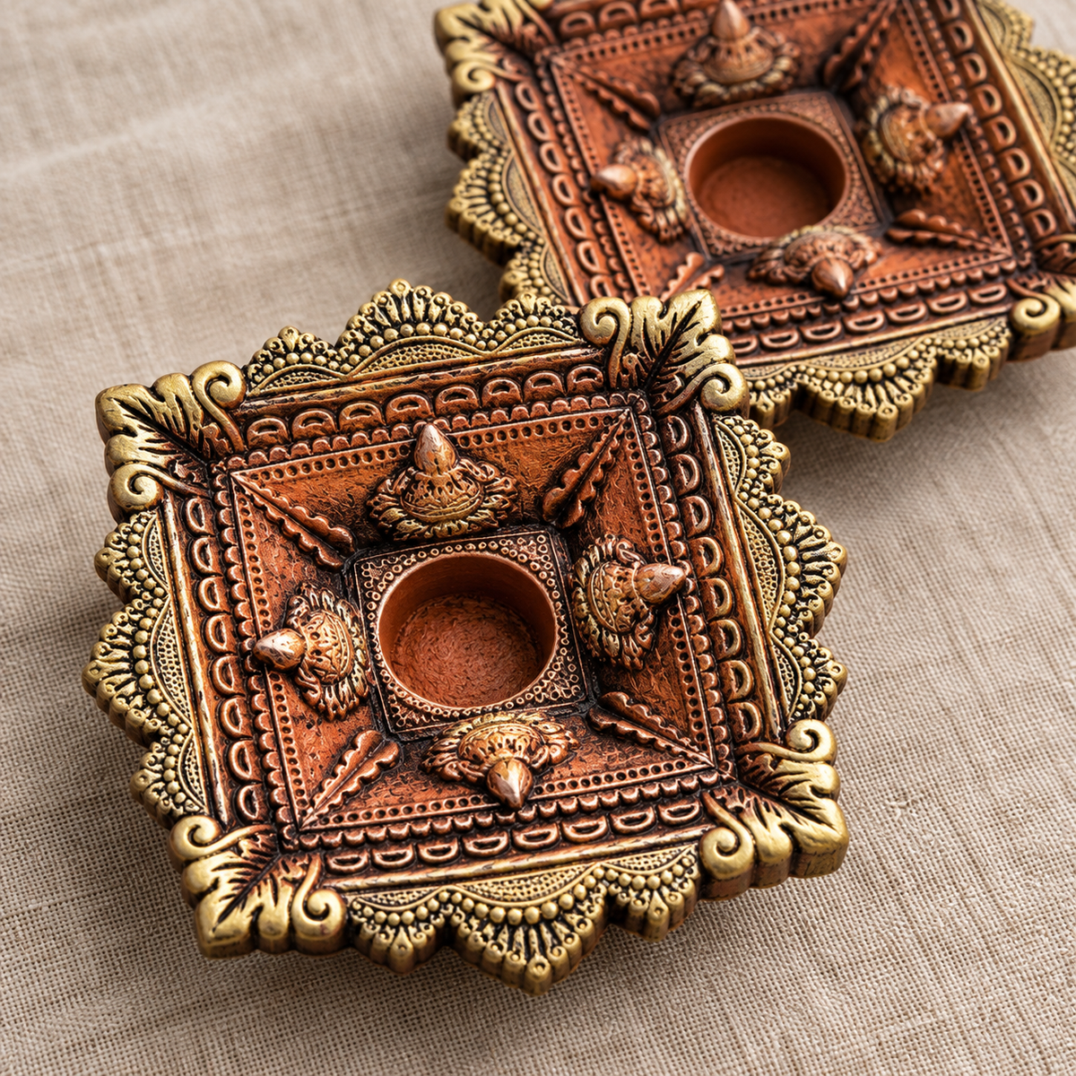 Chaumukh: Large Four-Wick Terracotta Diya, Set of 2 or Single