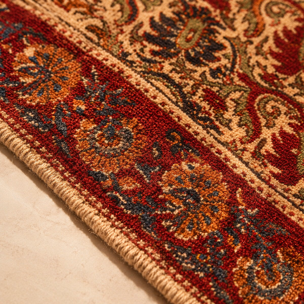 Kalamkari Earth Tones Floral Block-Printed Cotton Rug, The Woven Floor. Handmade in India by House of Taraasha.