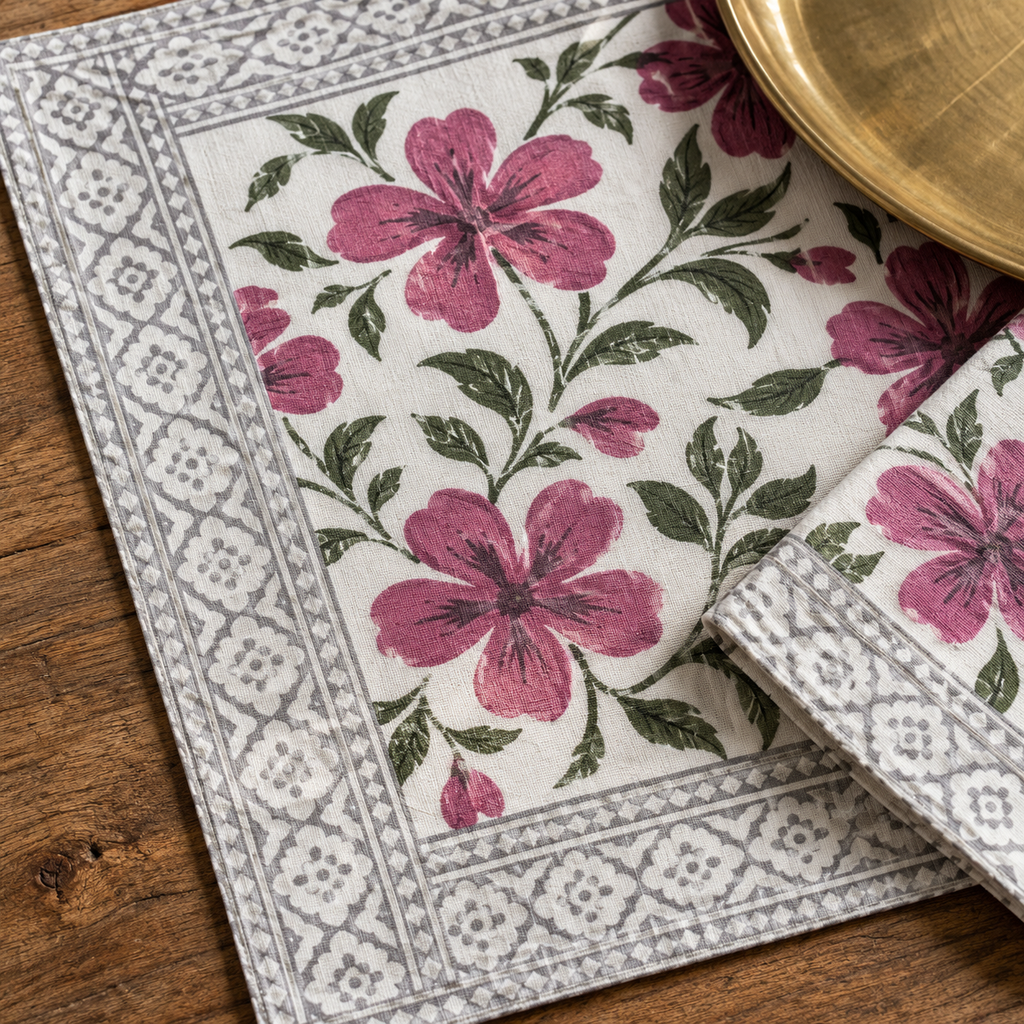 Magenta Floral Placemat and Napkin Set of 12, close-up of the print and border