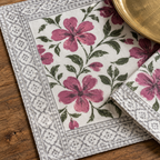 Magenta Floral Placemat and Napkin Set of 12, close-up of the print and border