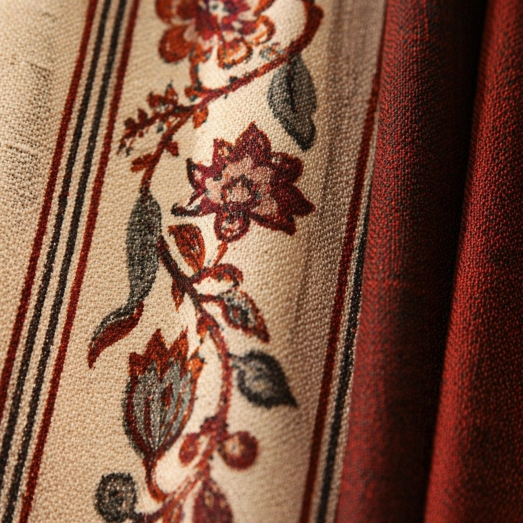 Chintz Assorted Set Off-White and Brick Red Cotton Curtains, The Draped Window. Handmade in India by House of Taraasha.