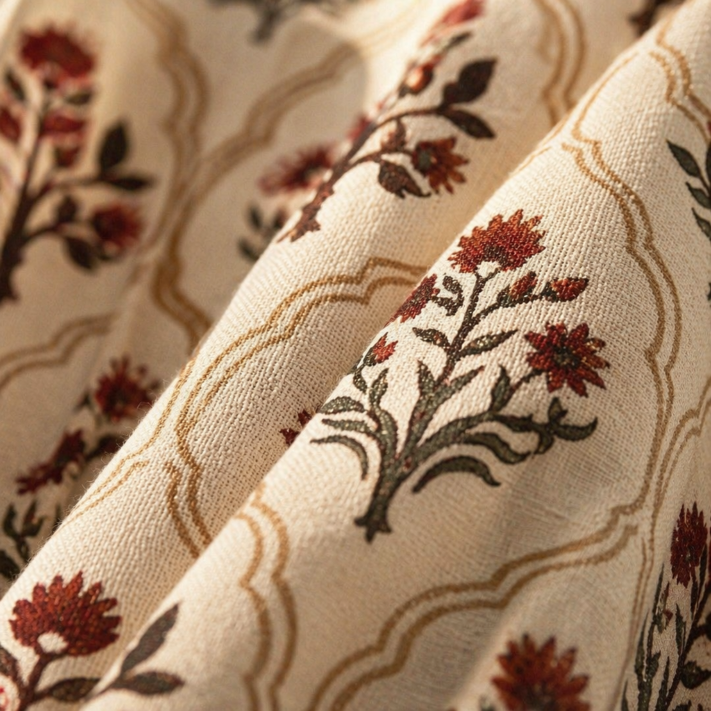 Rust and Maroon Ornate Floral Cotton Door Curtain, The Draped Window. Handmade in India by House of Taraasha.