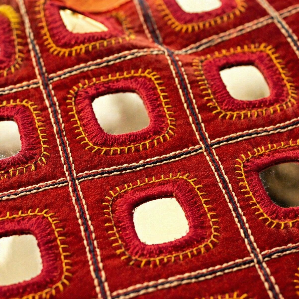 Lambani Mirror Work Hand-Embroidered Cotton Cushion Cover, The Living Room. Handmade in India by House of Taraasha.