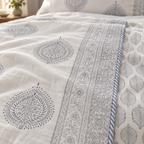 Grey Paisley Medallion Dohar, close-up of the print, border and reverse