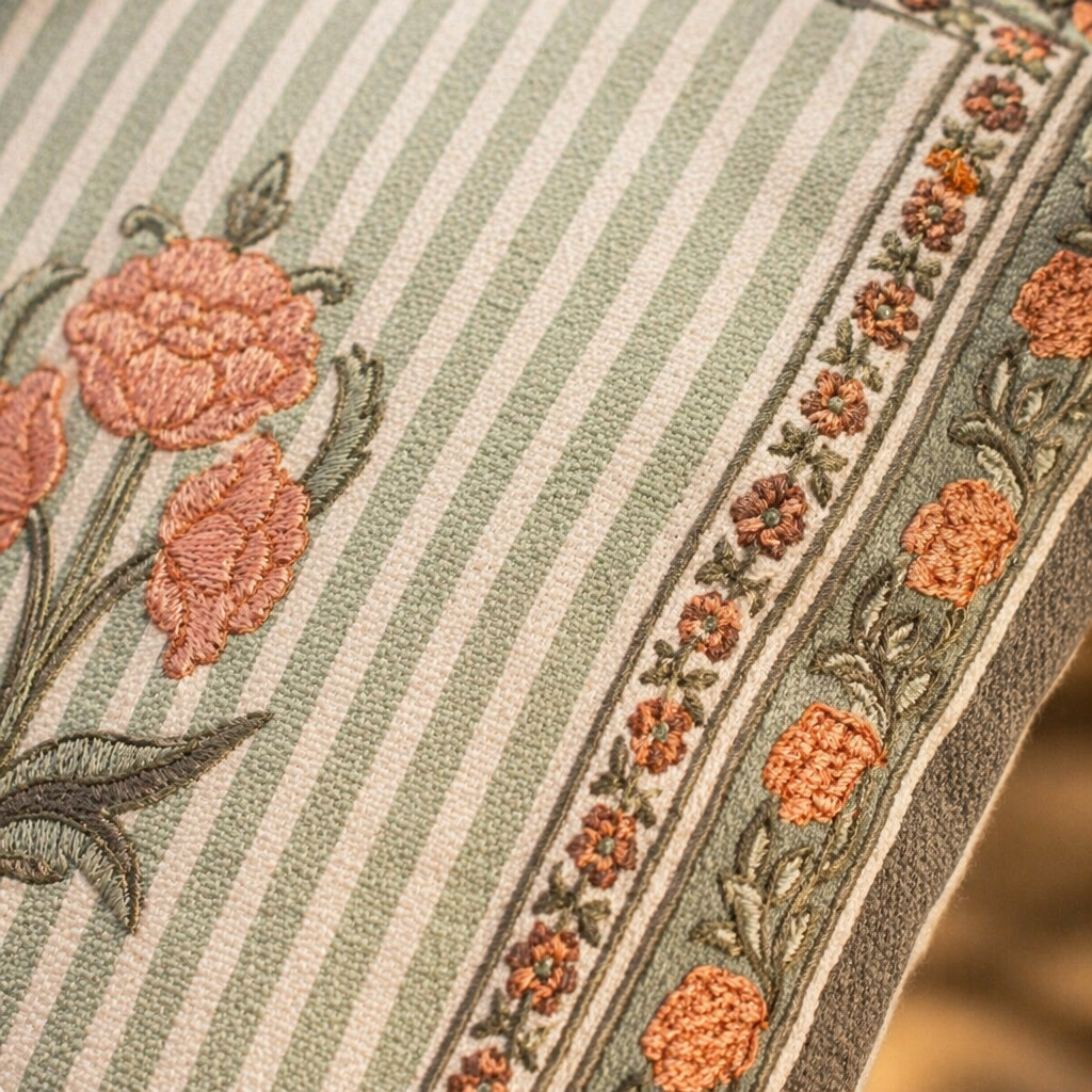 Floral Green and Dusty Pink Hand-Printed Cushion Cover, The Living Room. Handmade in India by House of Taraasha.