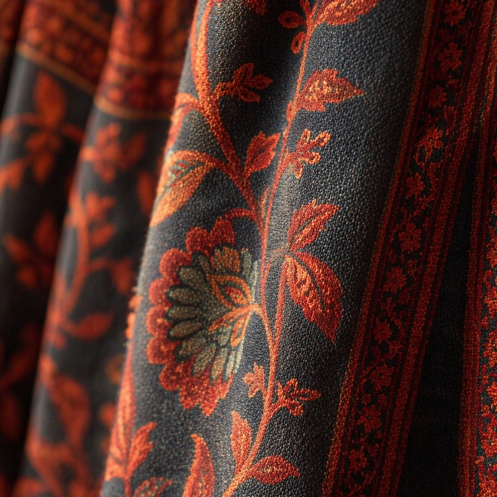Chintz Single Panel Ivory, Maroon and Navy Cotton Curtain, The Draped Window. Handmade in India by House of Taraasha.