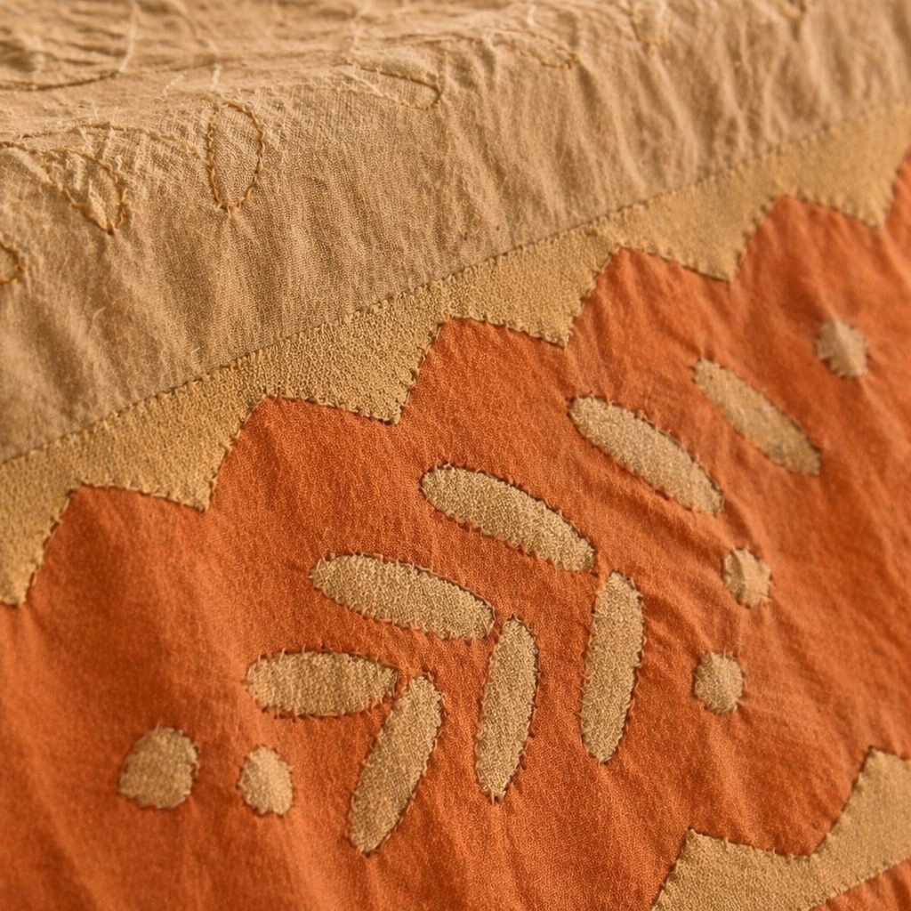 Applique Cutwork Runner Taupe and Rust, The Gathered Table. Handmade in India by House of Taraasha.