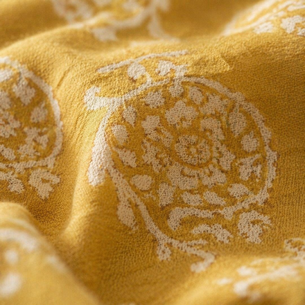 Mustard & Off-White Marigold Motif Bedsheet, The Linen Room. Handmade in India by House of Taraasha.