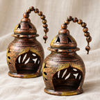 Ghonsla: Hanging Terracotta Tea Light Lanterns, Set of 2