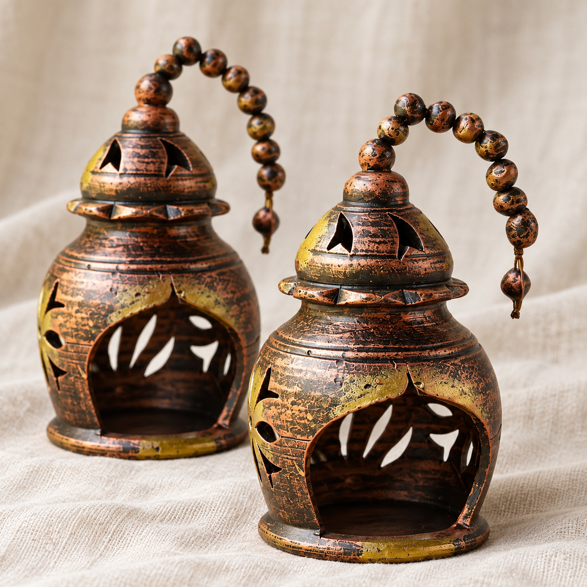 Ghonsla: Hanging Terracotta Tea Light Lanterns, Set of 2