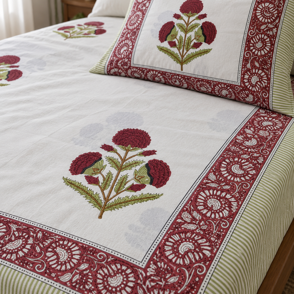 Maroon Floral Buta Bedsheet Set, close-up of the print, border and pillow cover