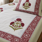 Maroon Floral Buta Bedsheet Set, close-up of the print, border and pillow cover