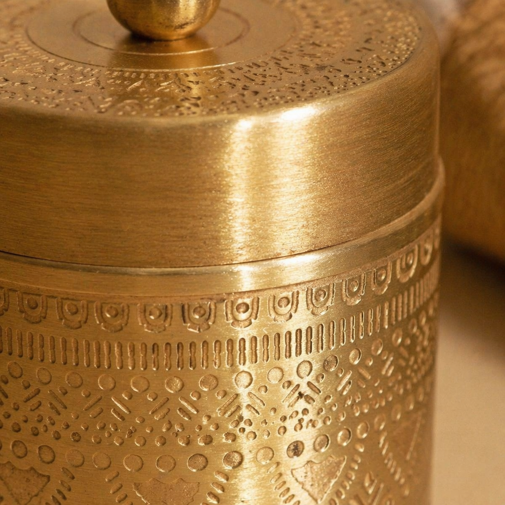 Moradabad Floral-Etched Pure Brass Dabba, Large, The Brass Atelier. Handmade in India by House of Taraasha.