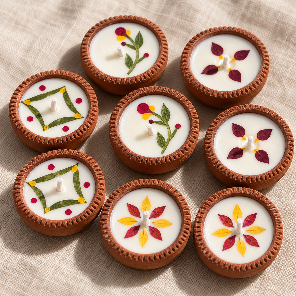 Small Soy Wax Diyas with Flower Petals, Set of 8, close-up of the wax top