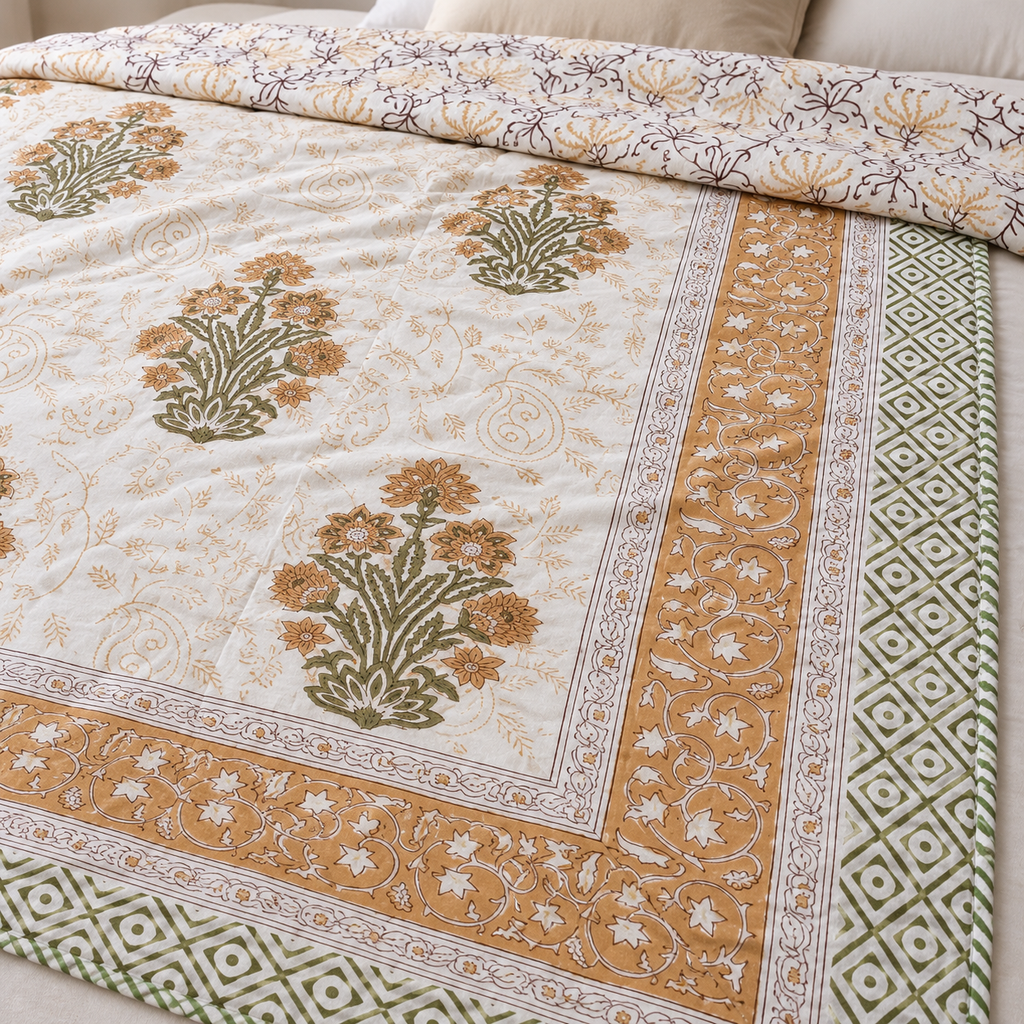 Tan and Olive Floral Dohar, close-up of the print, border and reverse