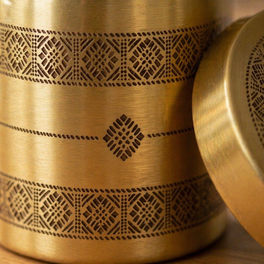 Kanjeevaram Etched Pure Brass Kitchen Storage Jar, The Brass Atelier. Handmade in India by House of Taraasha.