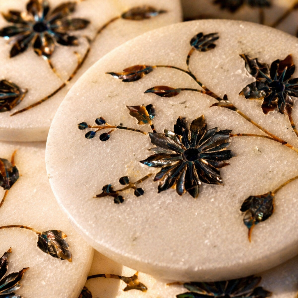 Agra White Marble Coasters with Pietra Dura Inlay, The Brass Atelier. Handmade in India by House of Taraasha.