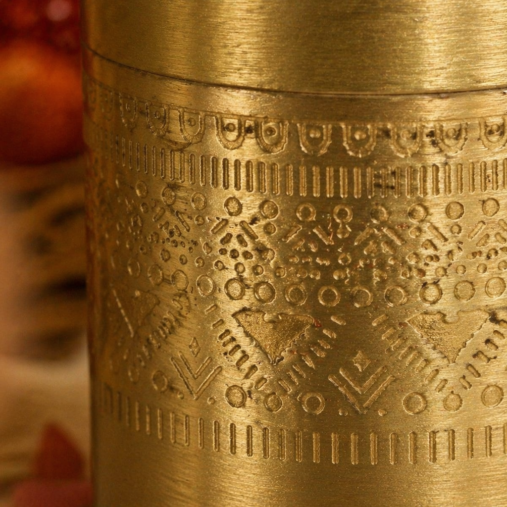 Moradabad Floral-Etched Brass Dabba Set of Two, The Brass Atelier. Handmade in India by House of Taraasha.