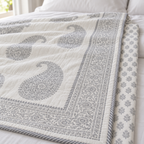 Grey Paisley Dohar, close-up of the print, border and reverse