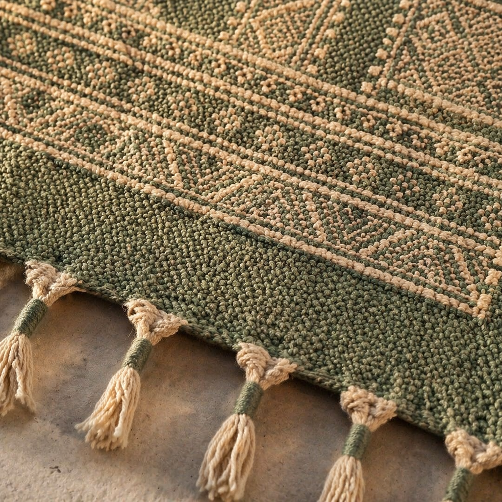 Jaipuri Olive Hand Block-Printed Cotton Dhurrie, The Woven Floor. Handmade in India by House of Taraasha.