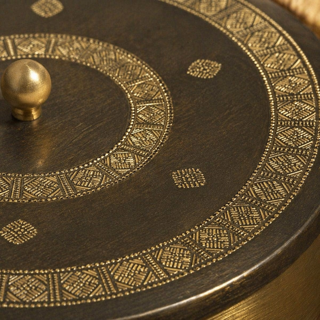 Kanjeevaram Brass Antique Masala Dabba, The Brass Atelier. Handmade in India by House of Taraasha.