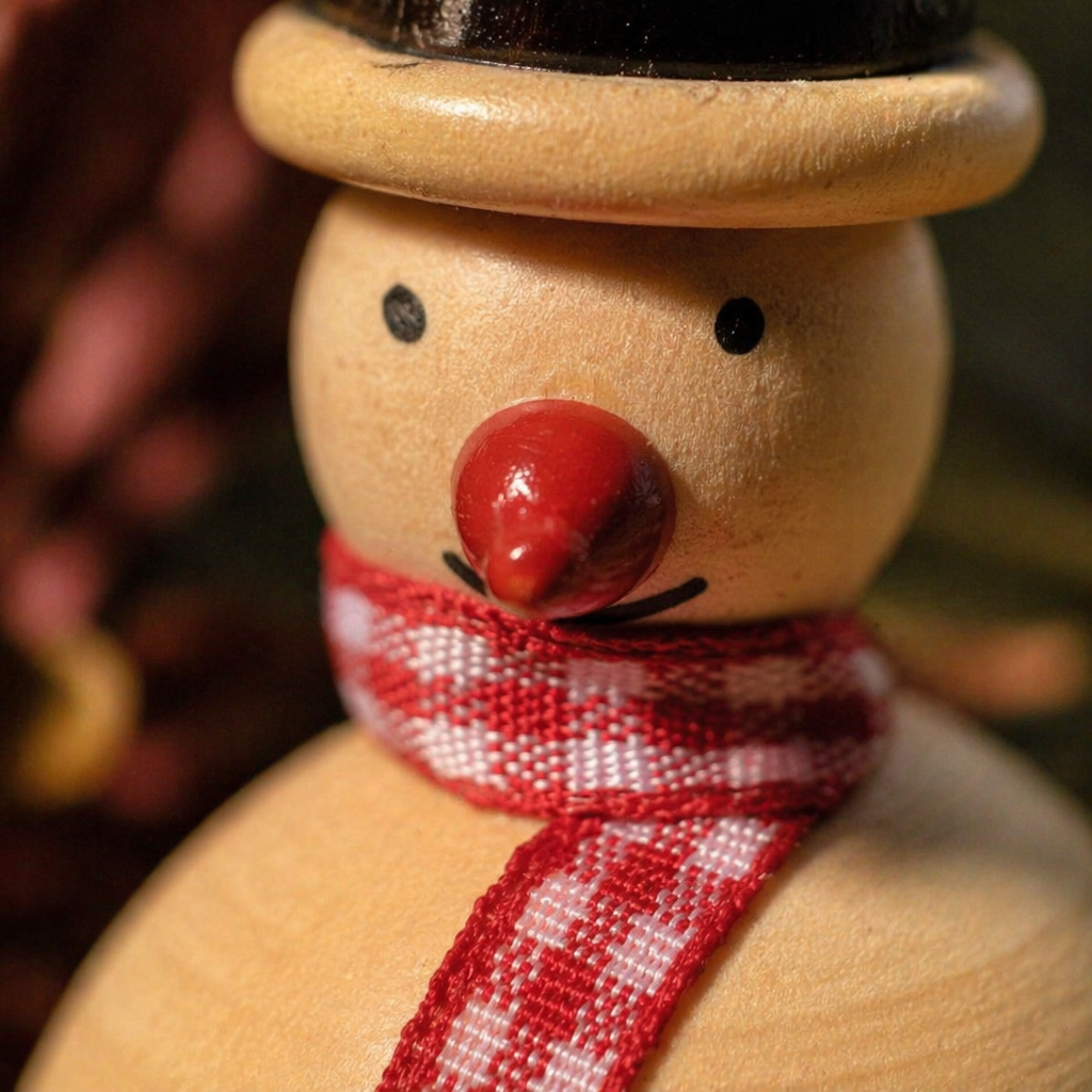 Channapatna Lacquered Snowman Ornaments Natural Dye Pair, Still Light. Handmade in India by House of Taraasha.
