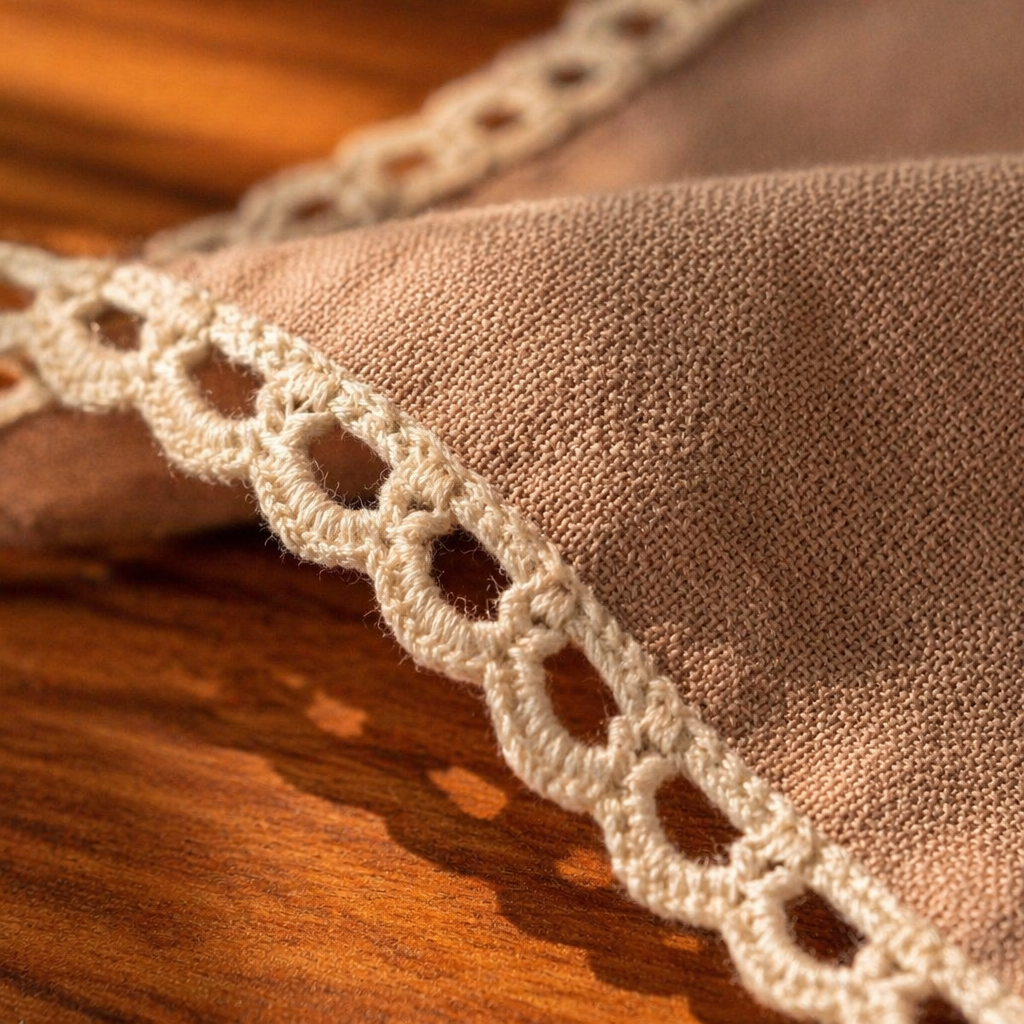 Crochet-Edged Table Mats Taupe and Off-White, The Gathered Table. Handmade in India by House of Taraasha.
