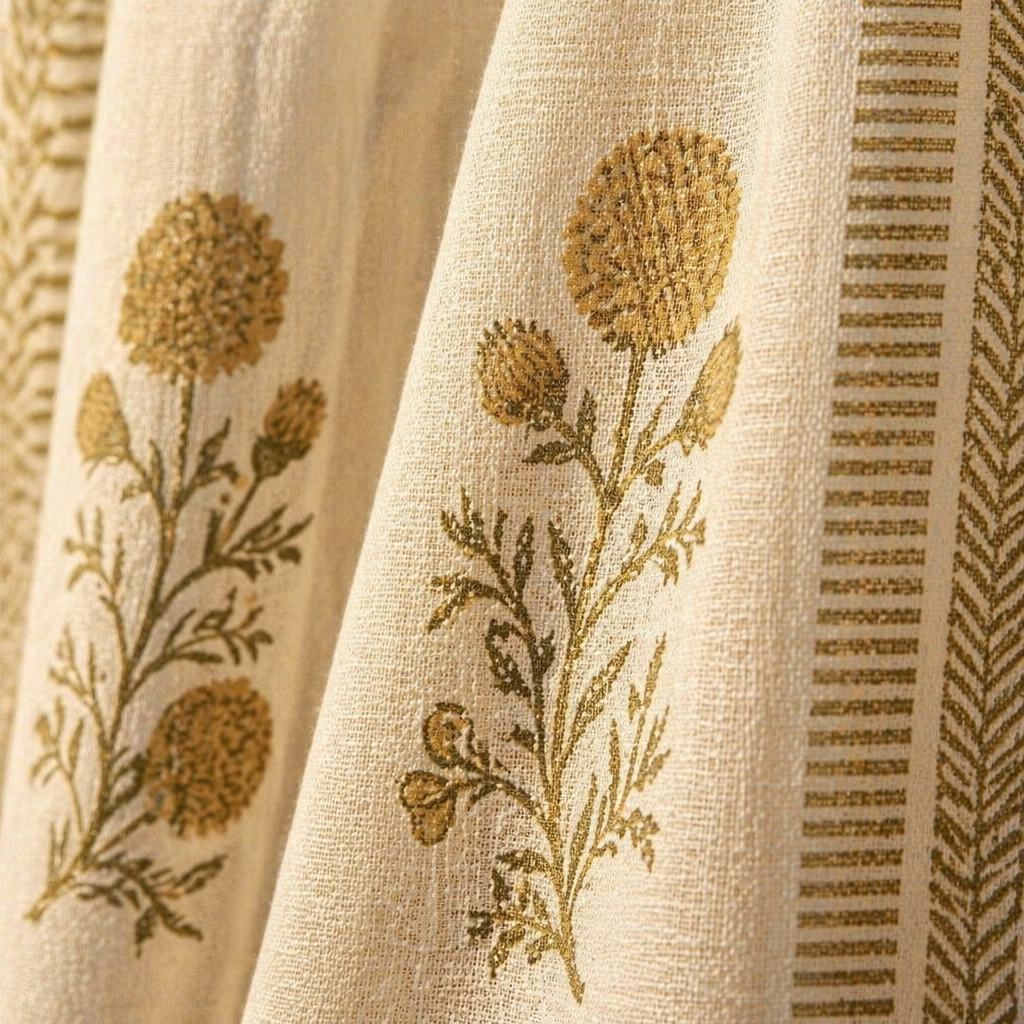 Sheer Taupe and Olive Green Mulmul Curtain, The Draped Window. Handmade in India by House of Taraasha.