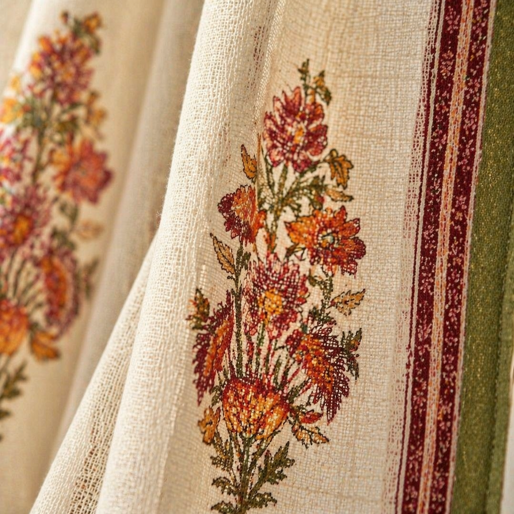 Floral Block-Print Sheer Pure Cotton Window Curtain, The Draped Window. Handmade in India by House of Taraasha.
