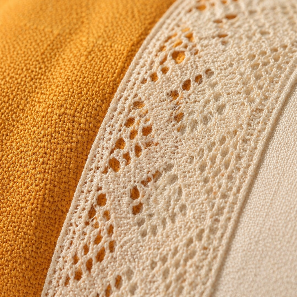 Crochet-Flap Mustard and Off-White Rectangular Cushion Cover, The Living Room. Handmade in India by House of Taraasha.