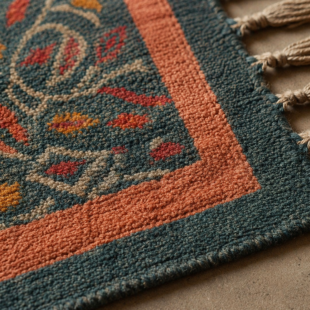 Vintage Chintz Hand Block-Printed Coral Floral Rug, The Woven Floor. Handmade in India by House of Taraasha.