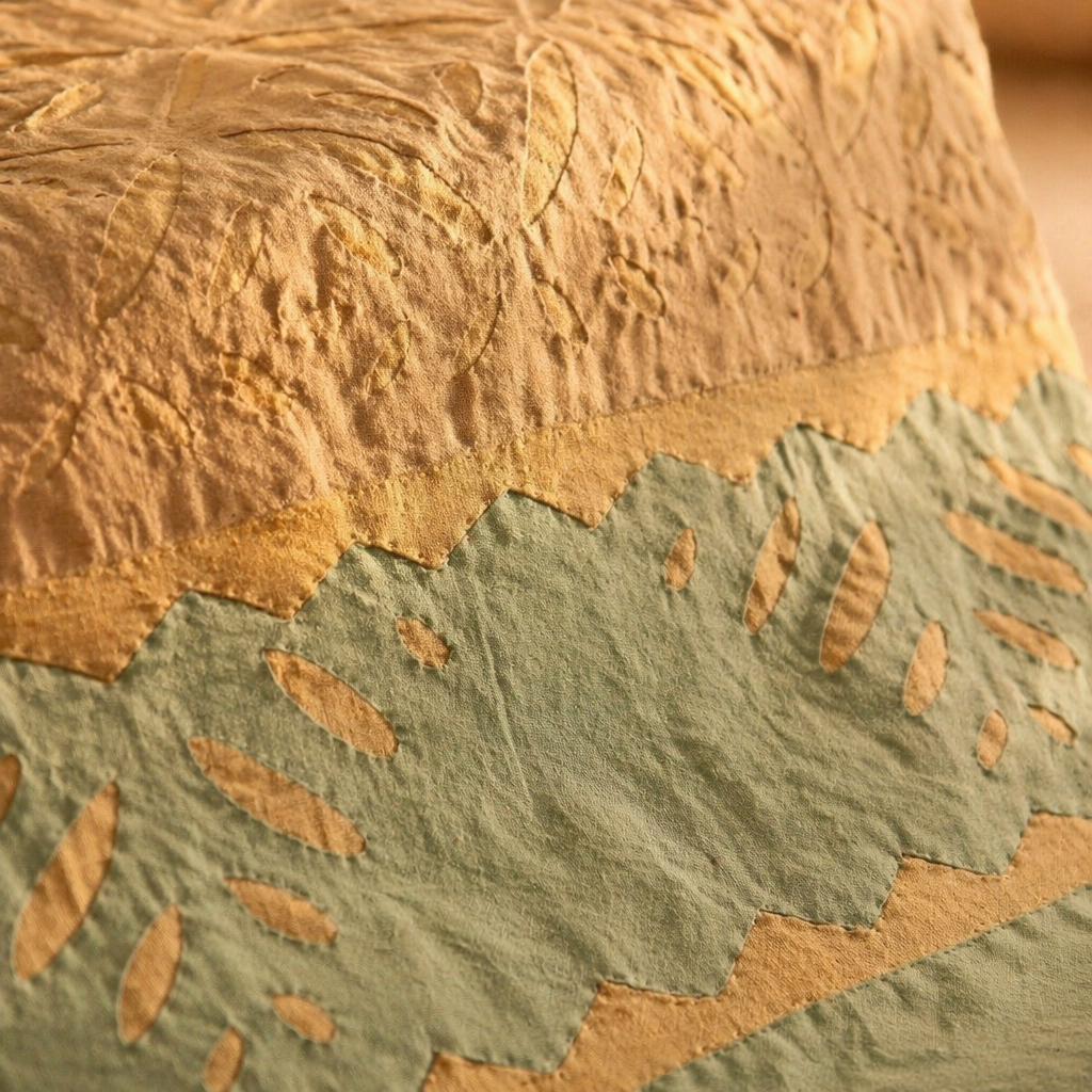 Applique Cutwork Runner Taupe and Teal Blue, The Gathered Table. Handmade in India by House of Taraasha.