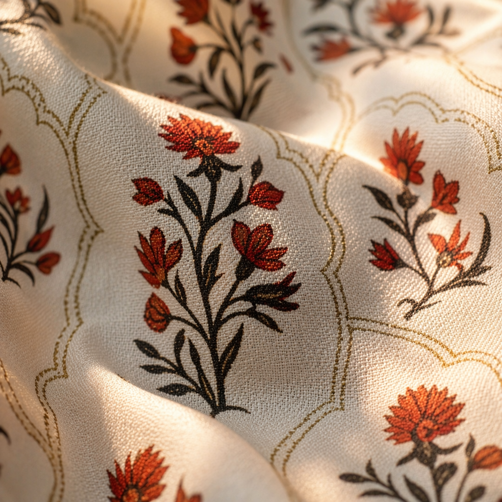 Royal Courtyards Rust & Maroon Woven-Printed Set of Three, The Draped Window. Handmade in India by House of Taraasha.