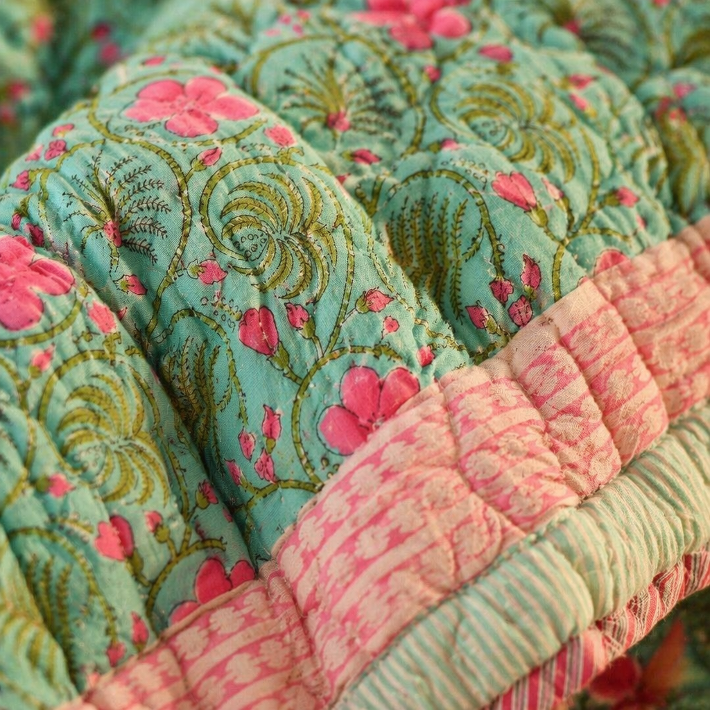 Turquoise & Pink Reversible Jaipuri Razai, The Linen Room. Handmade in India by House of Taraasha.