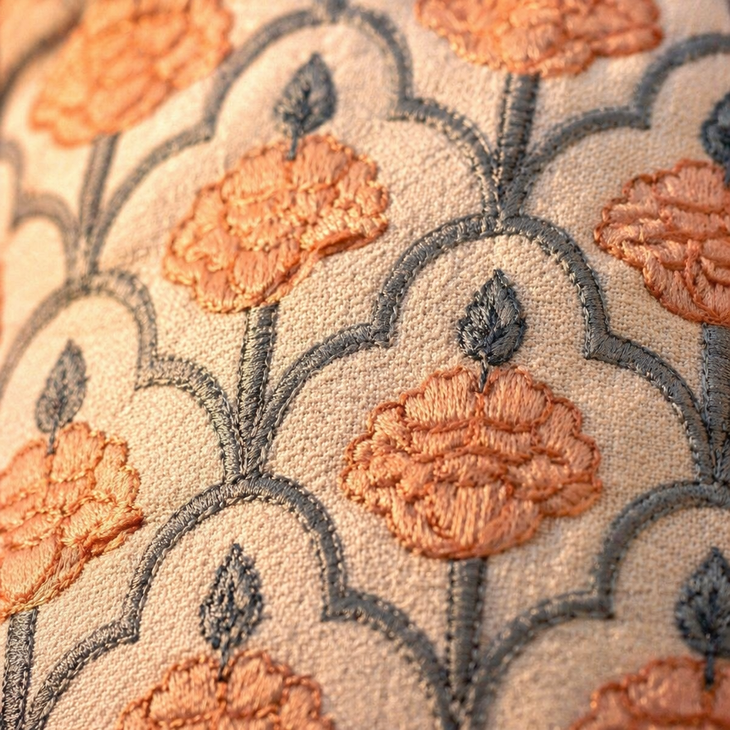 Blue and Dusty Pink Jaali Courtyards Cushion Cover, The Living Room. Handmade in India by House of Taraasha.
